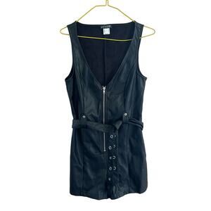 Venus Size 4 Black Faux Leather Romper-Grunge Exposed Zipper V-Neck Self Tie‎